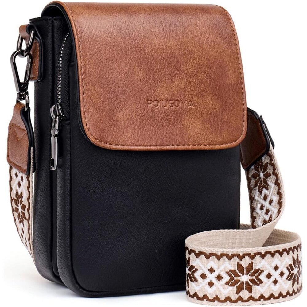 Womens A-black Brown Leather Purses Imported Magnetic Snap Crossbody Zipper Bag